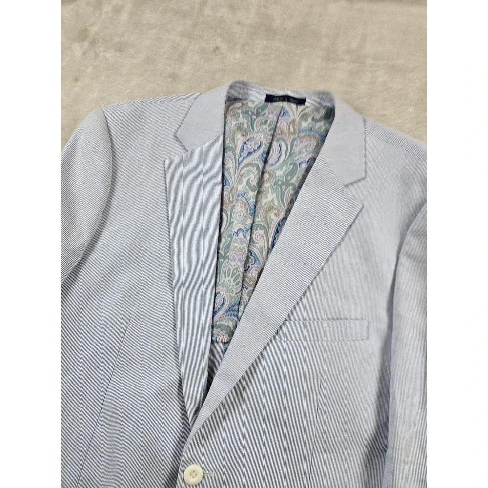 Alan‎ Flusser Seersucker Sport Coat Mens Large Blue White Paisley Lined Blazer